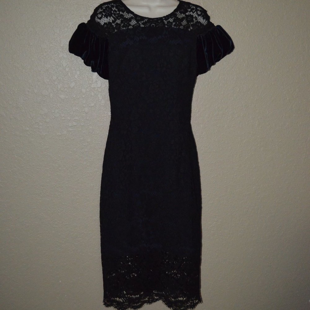 NWT $3295 Sz 6 S Monique Lhuillier Black Lace Midi Sheath Cocktail Dress